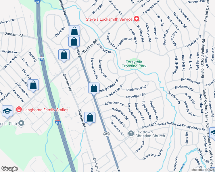 map of restaurants, bars, coffee shops, grocery stores, and more near 17 Spring Valley Road in Levittown