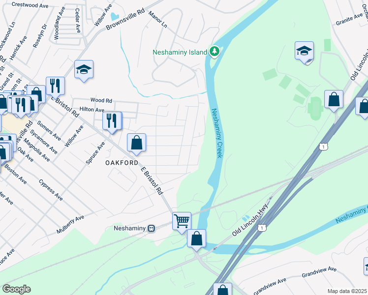 map of restaurants, bars, coffee shops, grocery stores, and more near 1979 Oakford Avenue in Bucks County