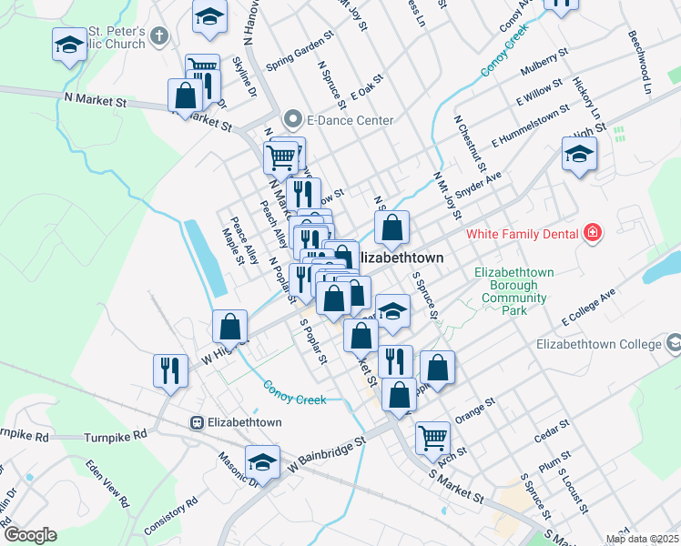 map of restaurants, bars, coffee shops, grocery stores, and more near 25 East High Street in Elizabethtown