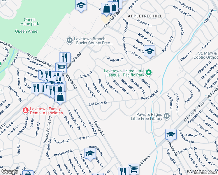 map of restaurants, bars, coffee shops, grocery stores, and more near 41 Russett Lane in Levittown