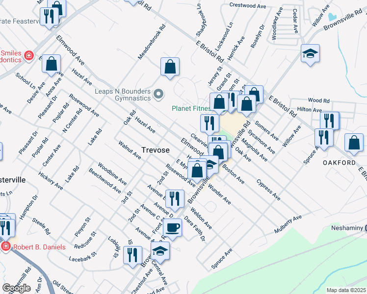 map of restaurants, bars, coffee shops, grocery stores, and more near 555 Elmwood Avenue in Trevose