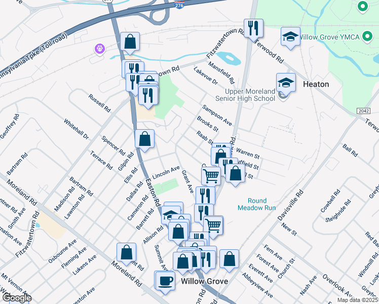 map of restaurants, bars, coffee shops, grocery stores, and more near 605 Crown Street in Willow Grove