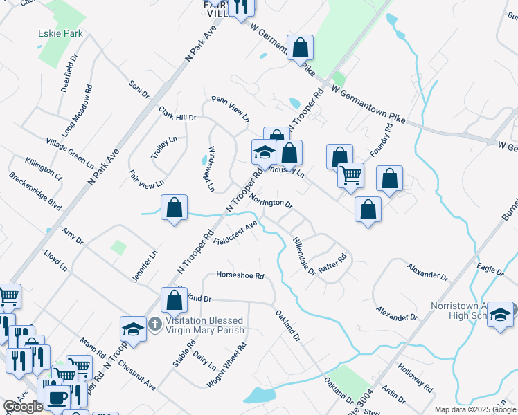 map of restaurants, bars, coffee shops, grocery stores, and more near 2459 Fieldcrest Avenue in Norristown