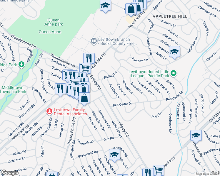 map of restaurants, bars, coffee shops, grocery stores, and more near 41 Rustleaf Lane in Levittown