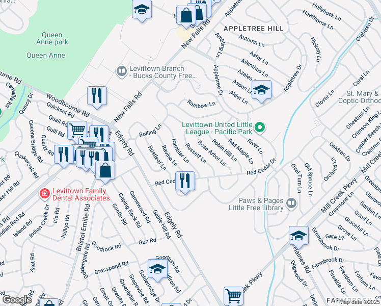 map of restaurants, bars, coffee shops, grocery stores, and more near 41 Russett Lane in Levittown