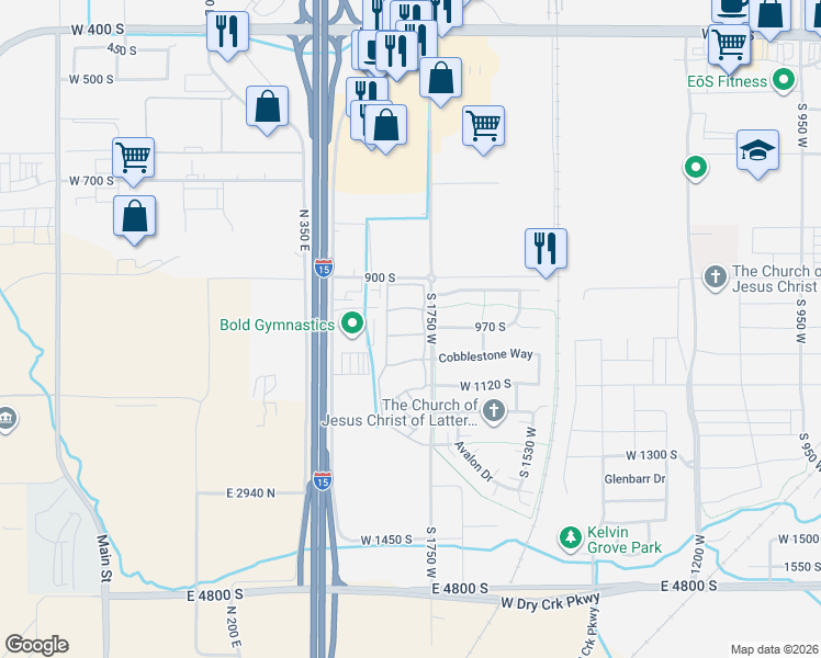 map of restaurants, bars, coffee shops, grocery stores, and more near 1808 West 1000 South in Springville