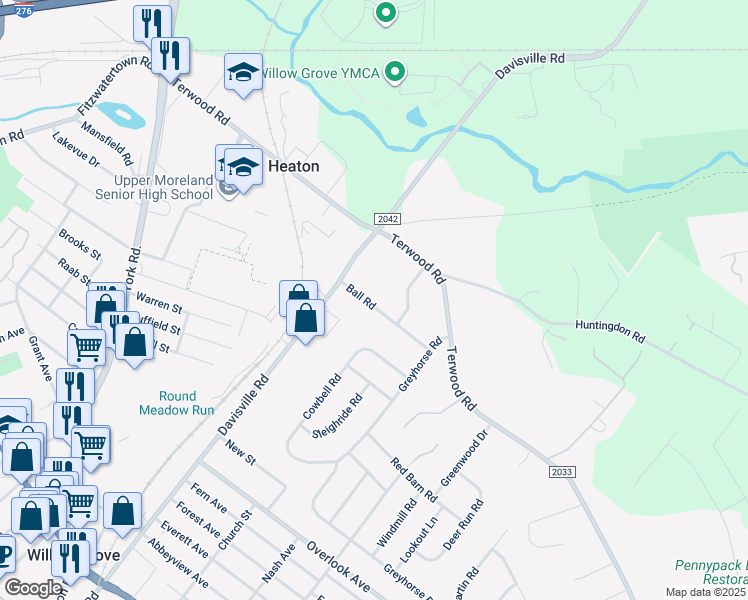 map of restaurants, bars, coffee shops, grocery stores, and more near 2525 Ball Road in Willow Grove