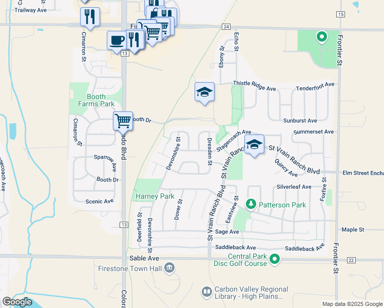 map of restaurants, bars, coffee shops, grocery stores, and more near 6353 Sparrow Circle in Longmont