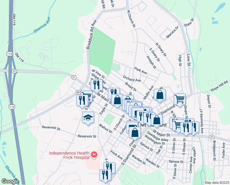map of restaurants, bars, coffee shops, grocery stores, and more near 800 West Smithfield Street in Mount Pleasant