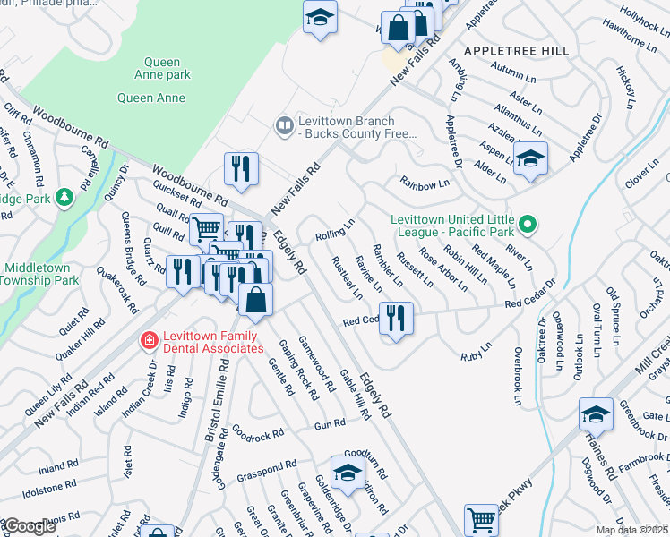 map of restaurants, bars, coffee shops, grocery stores, and more near 41 Rustleaf Lane in Levittown