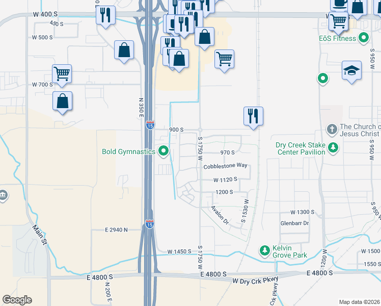 map of restaurants, bars, coffee shops, grocery stores, and more near 1825 West 1000 South in Springville