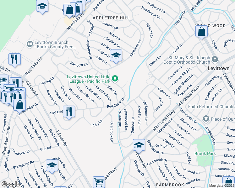 map of restaurants, bars, coffee shops, grocery stores, and more near 26 River Lane in Levittown