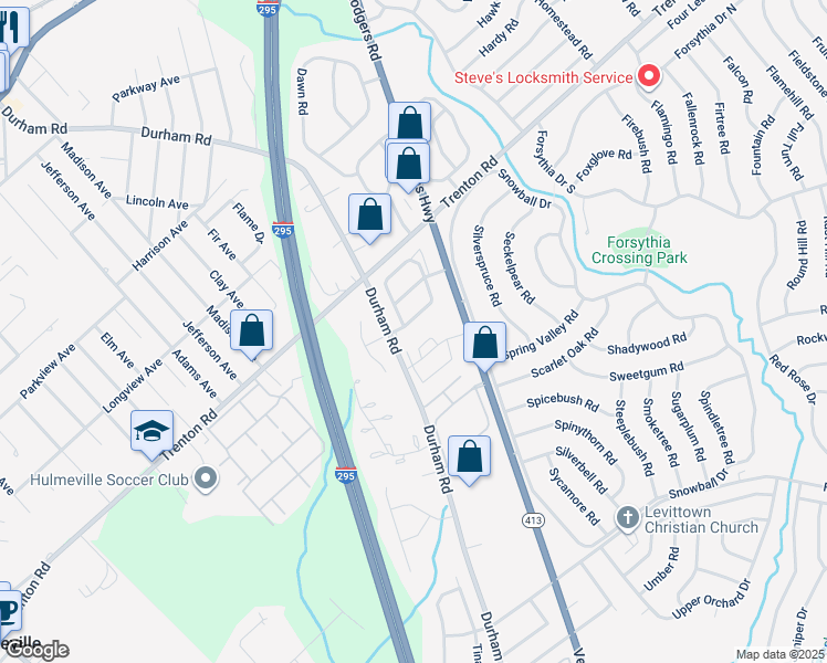 map of restaurants, bars, coffee shops, grocery stores, and more near 6 Sandybrook Drive in Langhorne