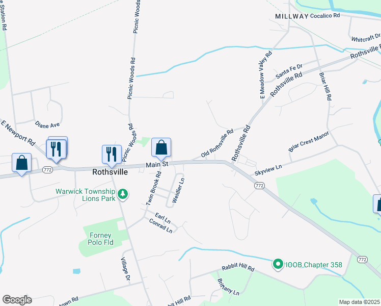 map of restaurants, bars, coffee shops, grocery stores, and more near 2117 Main Street in Lititz