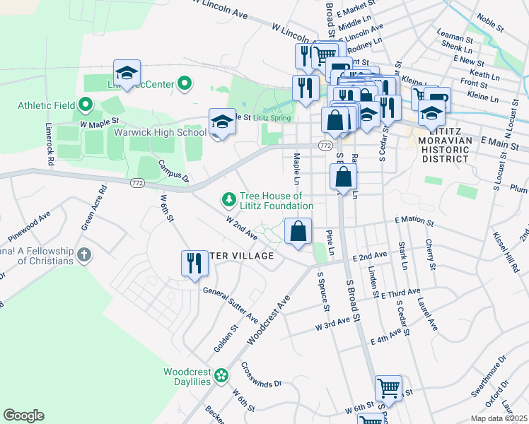 map of restaurants, bars, coffee shops, grocery stores, and more near 521 West 2nd Avenue in Lititz