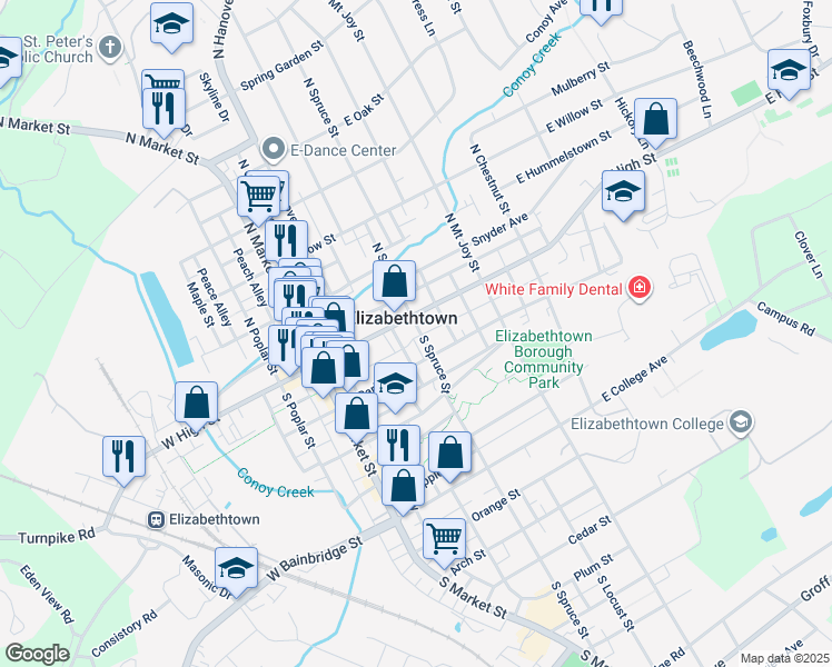 map of restaurants, bars, coffee shops, grocery stores, and more near 24 South Spruce Street in Elizabethtown