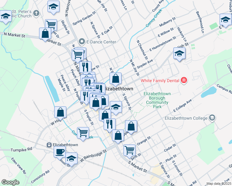 map of restaurants, bars, coffee shops, grocery stores, and more near 134 East High Street in Elizabethtown
