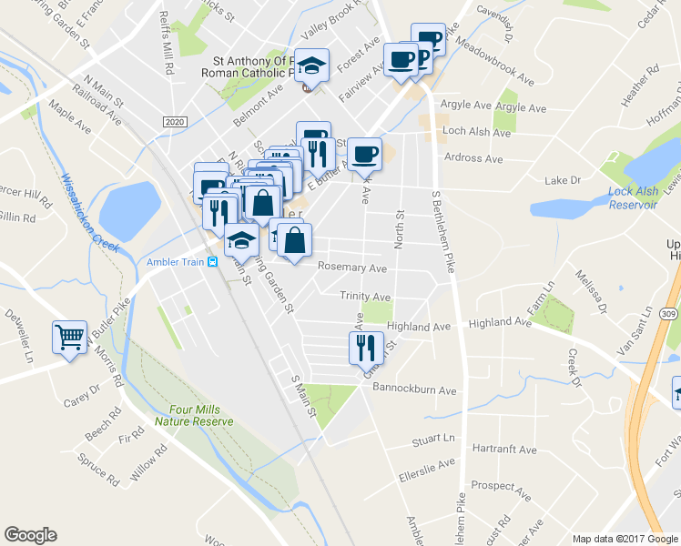 map of restaurants, bars, coffee shops, grocery stores, and more near 220 Rosemary Avenue in Ambler