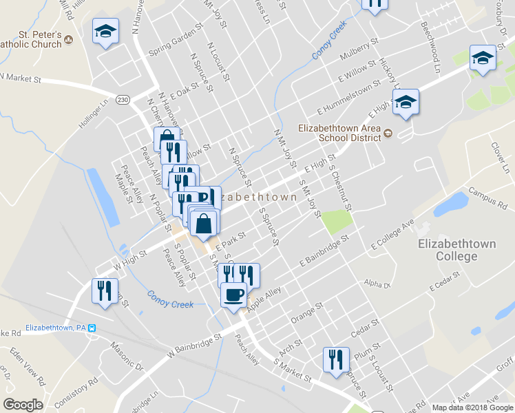 map of restaurants, bars, coffee shops, grocery stores, and more near 24 South Spruce Street in Elizabethtown