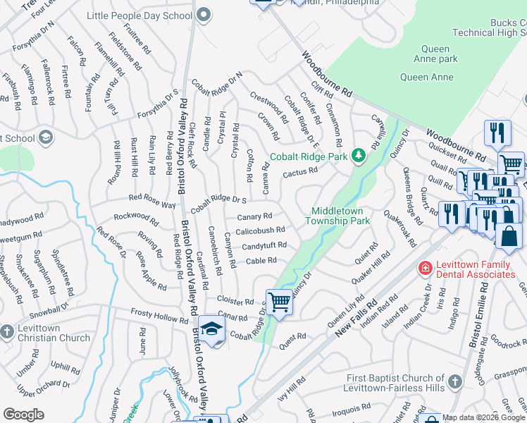 map of restaurants, bars, coffee shops, grocery stores, and more near 31 Canary Road in Levittown