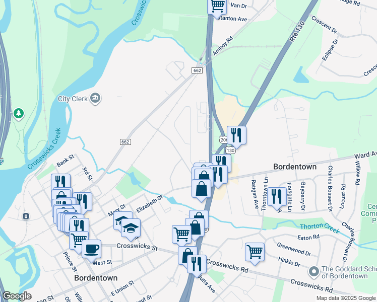 map of restaurants, bars, coffee shops, grocery stores, and more near 124 Lucas Drive in Bordentown