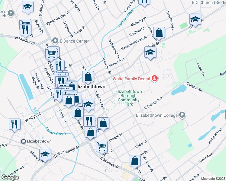 map of restaurants, bars, coffee shops, grocery stores, and more near 346 East Park Street in Elizabethtown
