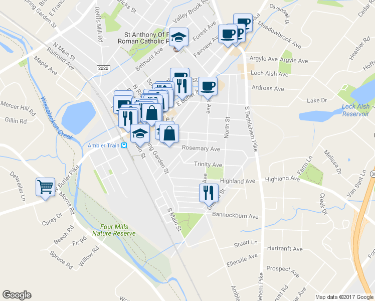 map of restaurants, bars, coffee shops, grocery stores, and more near 206 Rosemary Avenue in Ambler