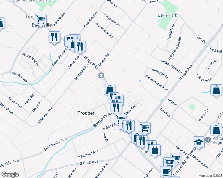 map of restaurants, bars, coffee shops, grocery stores, and more near 15 Highland Avenue in Norristown
