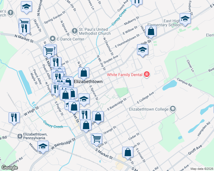 map of restaurants, bars, coffee shops, grocery stores, and more near 350 East Park Street in Elizabethtown