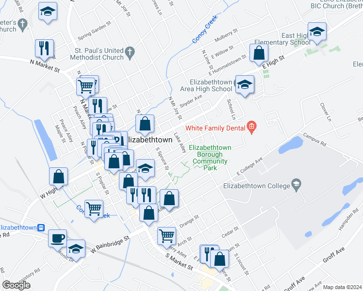 map of restaurants, bars, coffee shops, grocery stores, and more near 332 East Park Street in Elizabethtown
