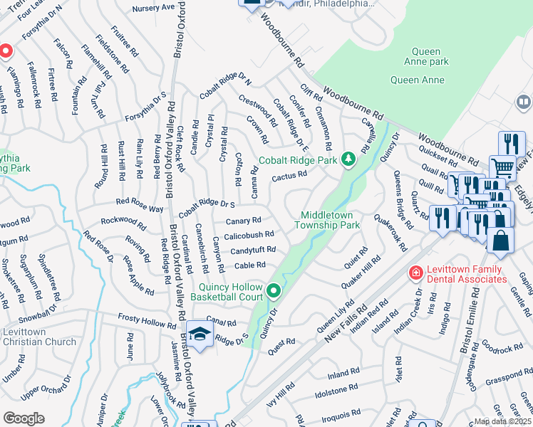 map of restaurants, bars, coffee shops, grocery stores, and more near 47 Canary Road in Levittown