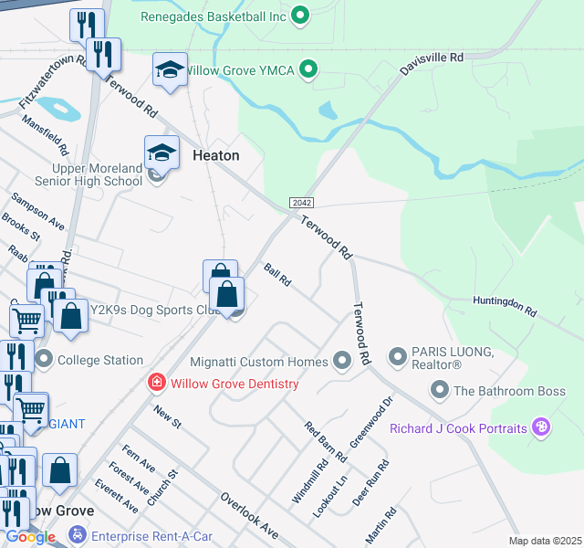 map of restaurants, bars, coffee shops, grocery stores, and more near 2525 Ball Road in Willow Grove