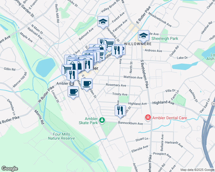 map of restaurants, bars, coffee shops, grocery stores, and more near 83 Lemon Street in Ambler