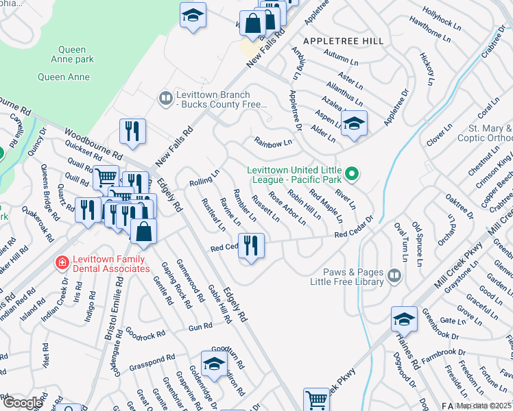 map of restaurants, bars, coffee shops, grocery stores, and more near 43 Russett Lane in Levittown