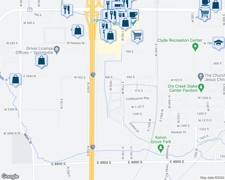 map of restaurants, bars, coffee shops, grocery stores, and more near 983 South 1850 West in Springville