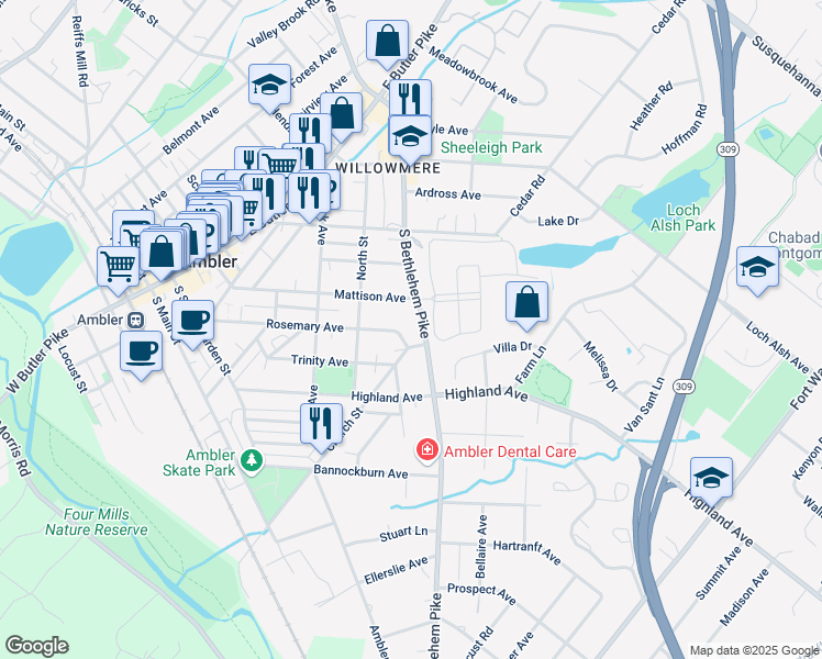 map of restaurants, bars, coffee shops, grocery stores, and more near in Ambler