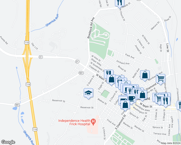 map of restaurants, bars, coffee shops, grocery stores, and more near 901 Pennsylvania 31 in Mount Pleasant