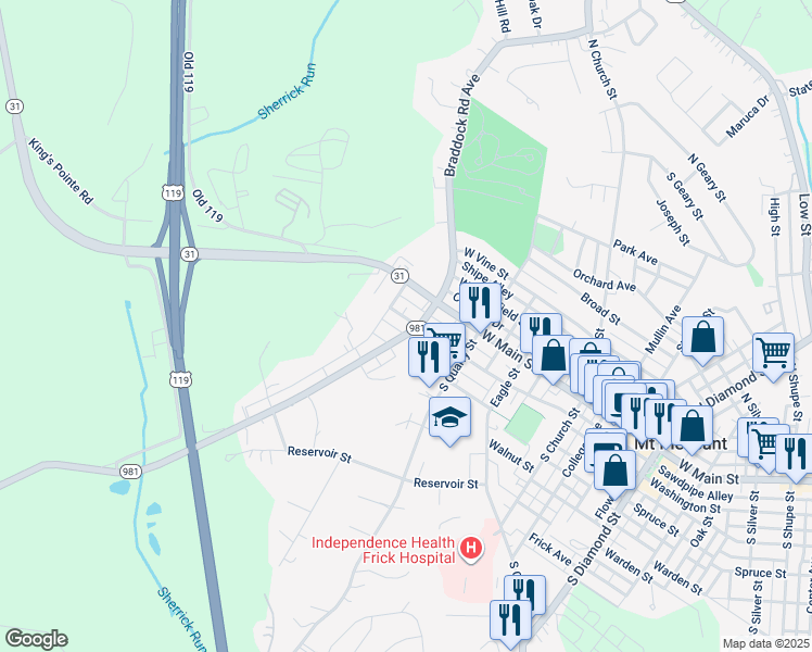 map of restaurants, bars, coffee shops, grocery stores, and more near 121 Morewood Street in Mount Pleasant