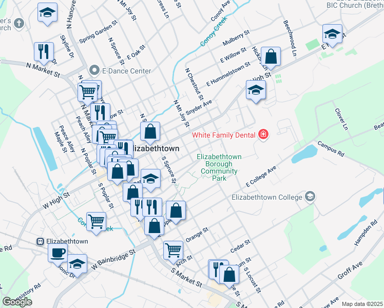 map of restaurants, bars, coffee shops, grocery stores, and more near 344 East Park Street in Elizabethtown