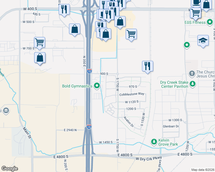 map of restaurants, bars, coffee shops, grocery stores, and more near 1825 West 1000 South in Springville
