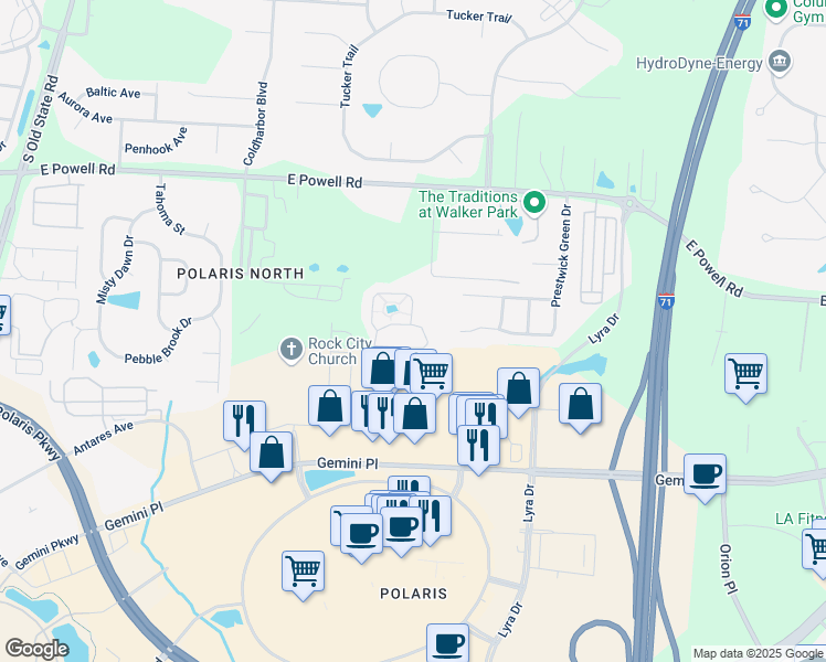 map of restaurants, bars, coffee shops, grocery stores, and more near 1435 Carylake Circle in Columbus