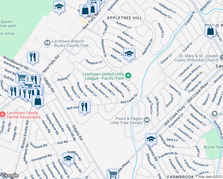 map of restaurants, bars, coffee shops, grocery stores, and more near 30 Robin Hill Lane in Levittown
