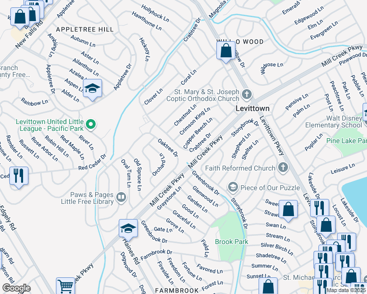 map of restaurants, bars, coffee shops, grocery stores, and more near 5 Copper Beech Lane in Levittown