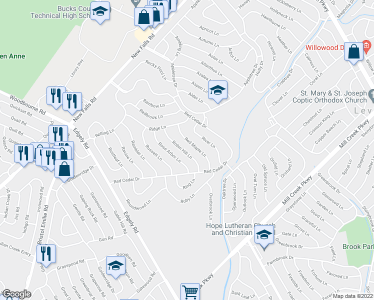 map of restaurants, bars, coffee shops, grocery stores, and more near 30 Robin Hill Lane in Levittown