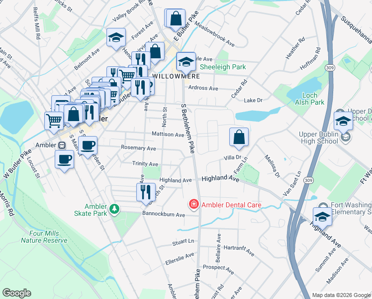 map of restaurants, bars, coffee shops, grocery stores, and more near in Ambler