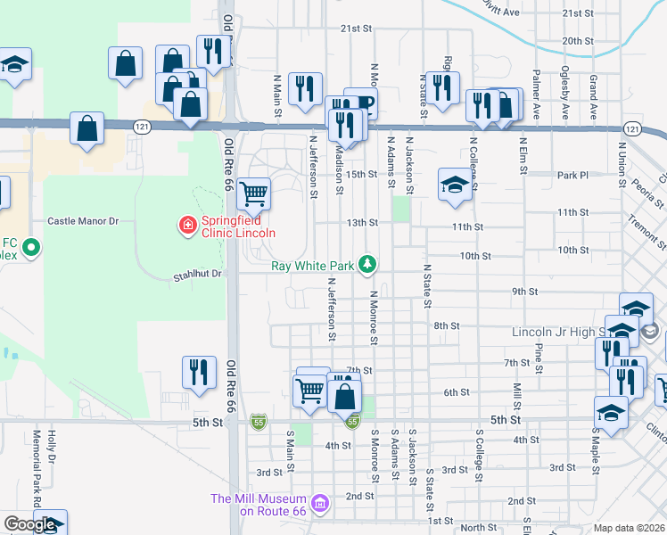 map of restaurants, bars, coffee shops, grocery stores, and more near 401 North Madison Street in Lincoln