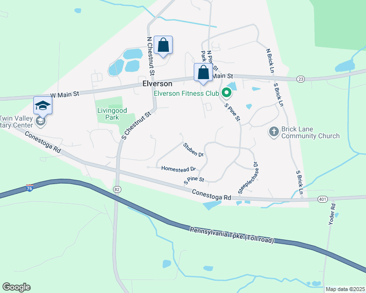 map of restaurants, bars, coffee shops, grocery stores, and more near 535 Kennelwoods Drive in Elverson