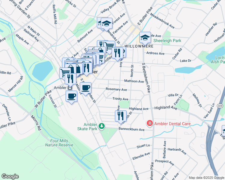 map of restaurants, bars, coffee shops, grocery stores, and more near 220 Rosemary Avenue in Ambler