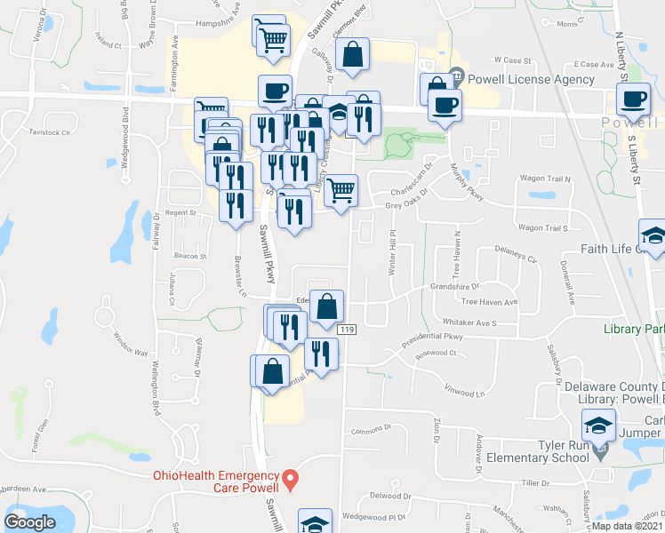 map of restaurants, bars, coffee shops, grocery stores, and more near 3858 Greensview Drive in Powell