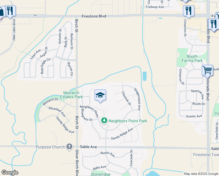 map of restaurants, bars, coffee shops, grocery stores, and more near 5256 Stagecoach Avenue in Longmont